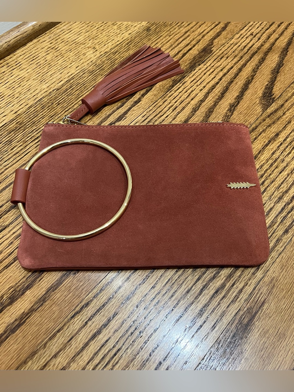 Thacker New York Nolita Suede Leather Clutch Gold Ring Handle Rust Tassel Boho